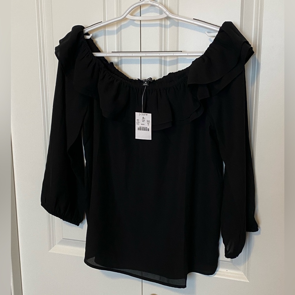 NWT JCrew ruffle off shoulder convertible top in black - Picture 2 of 8